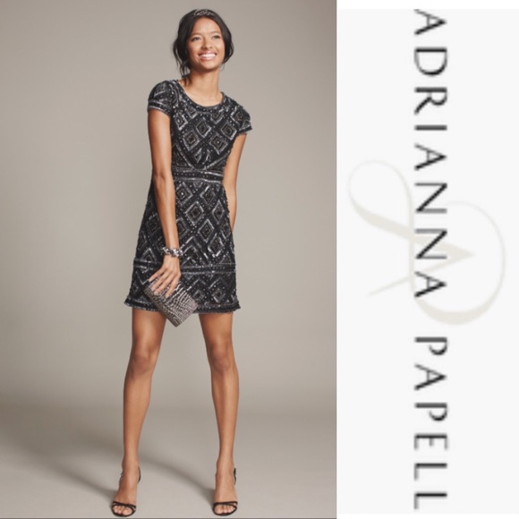 beaded cap sleeve a line midi dress Adrianna Papell Beaded V Neck Cap Sleeve Front Slit Gown main image 0